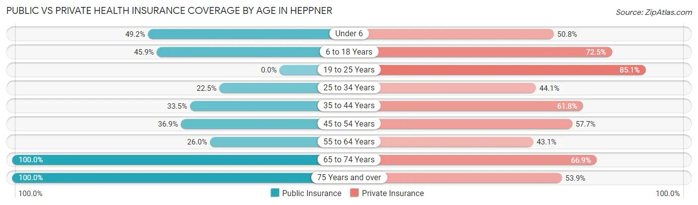 Public vs Private Health Insurance Coverage by Age in Heppner