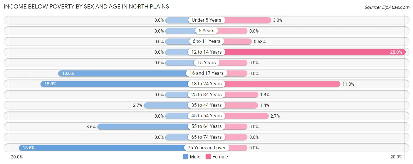 Income Below Poverty by Sex and Age in North Plains