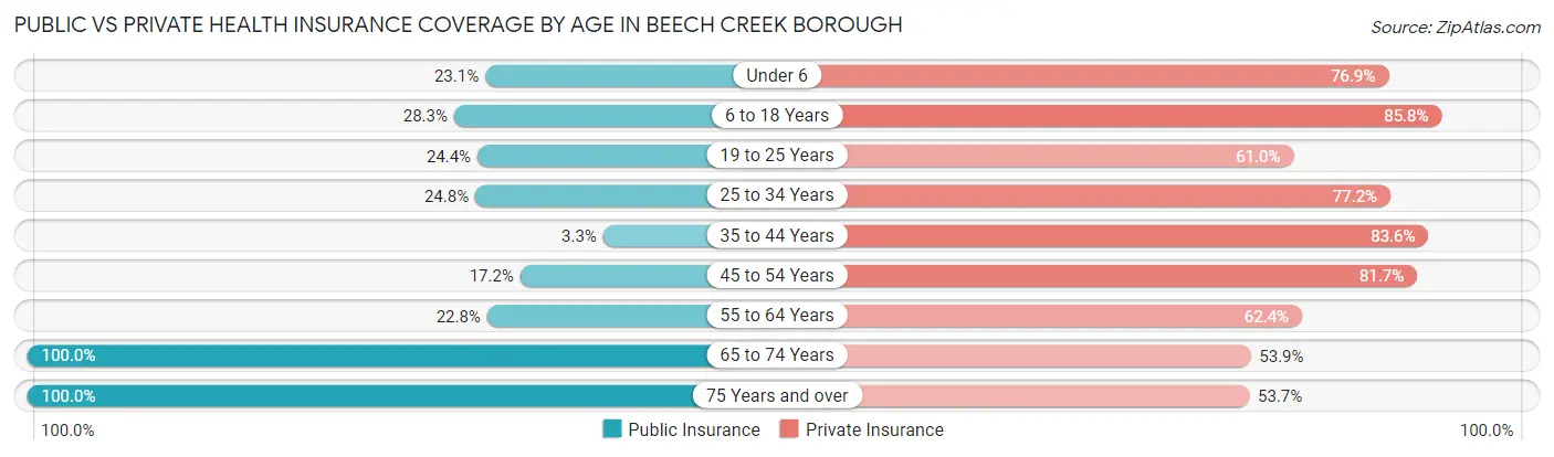 Public vs Private Health Insurance Coverage by Age in Beech Creek borough