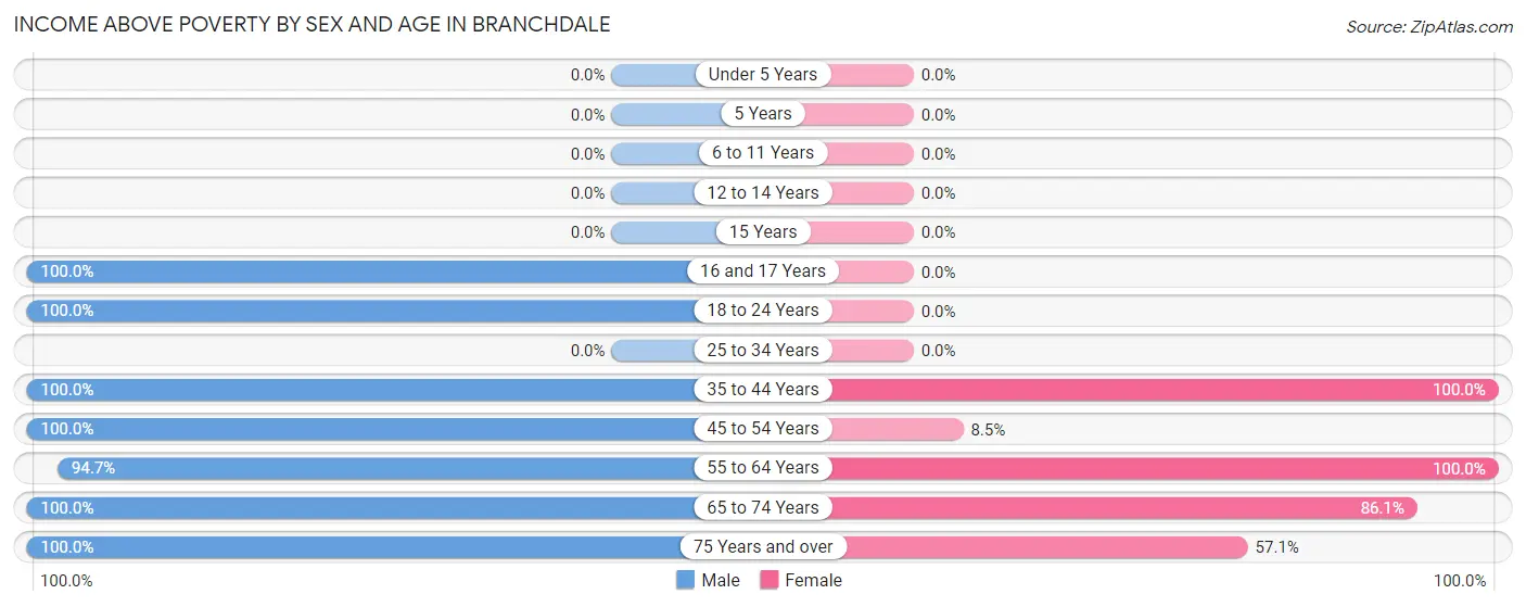 Income Above Poverty by Sex and Age in Branchdale
