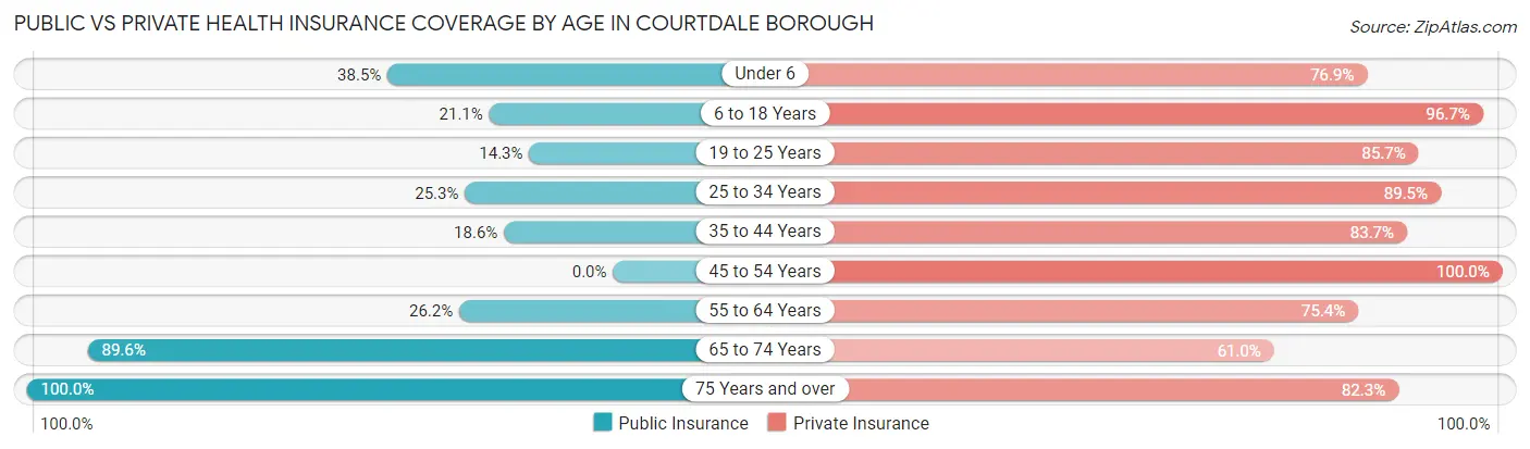 Public vs Private Health Insurance Coverage by Age in Courtdale borough