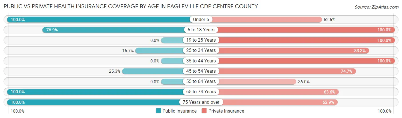 Public vs Private Health Insurance Coverage by Age in Eagleville CDP Centre County