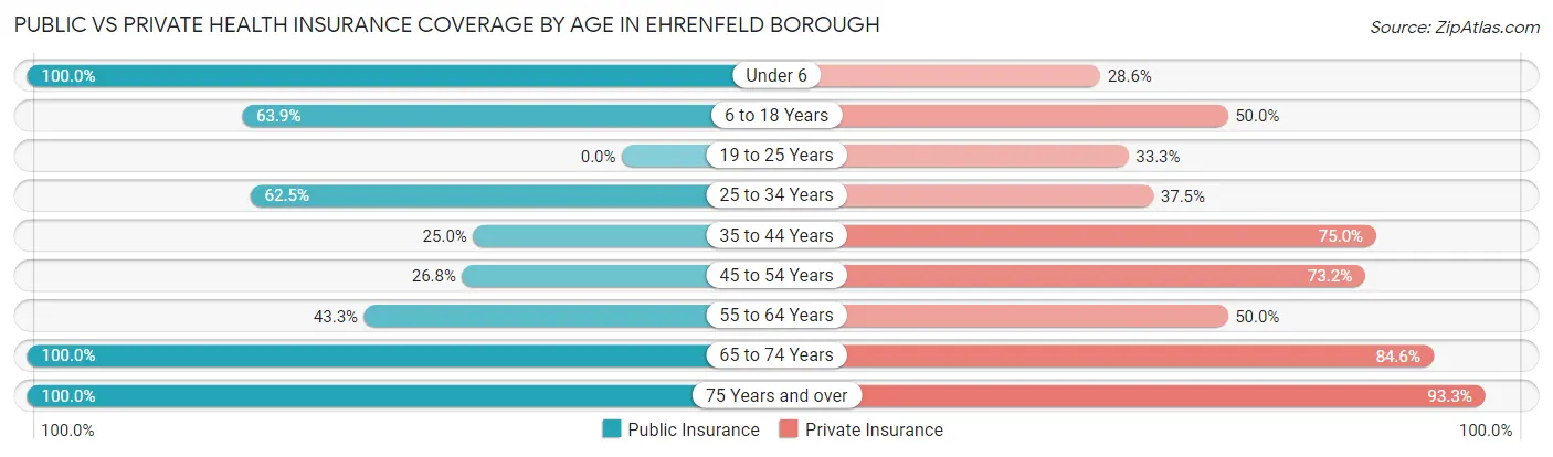 Public vs Private Health Insurance Coverage by Age in Ehrenfeld borough