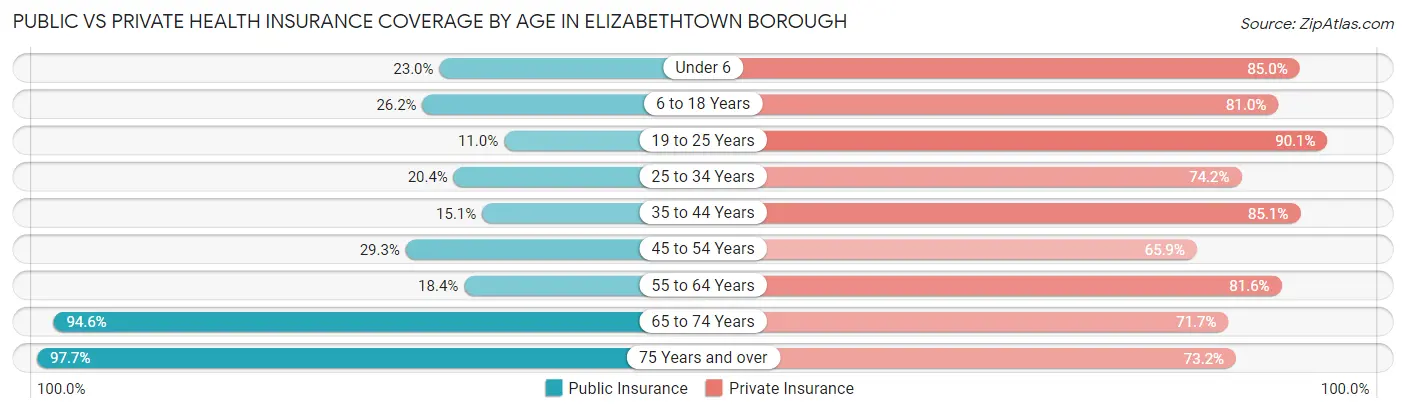 Public vs Private Health Insurance Coverage by Age in Elizabethtown borough