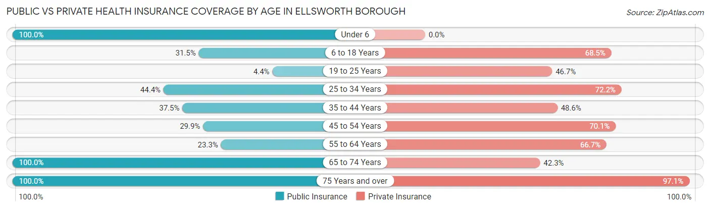 Public vs Private Health Insurance Coverage by Age in Ellsworth borough