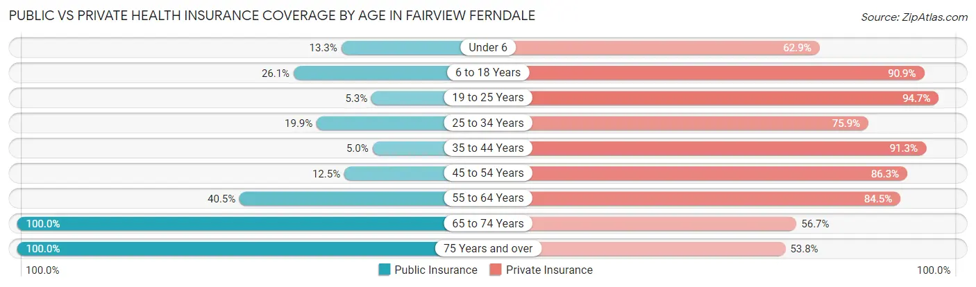 Public vs Private Health Insurance Coverage by Age in Fairview Ferndale