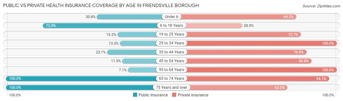 Public vs Private Health Insurance Coverage by Age in Friendsville borough