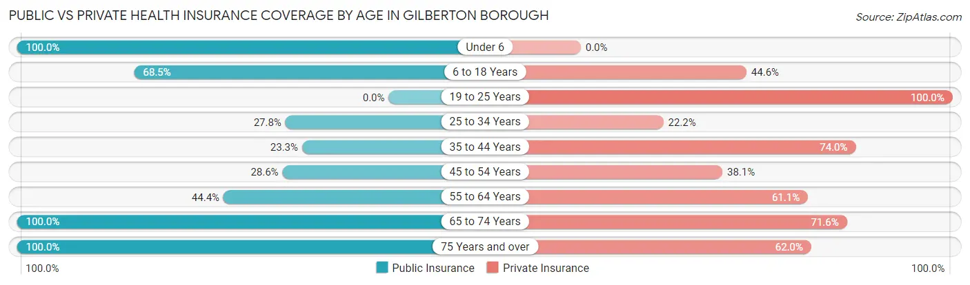 Public vs Private Health Insurance Coverage by Age in Gilberton borough
