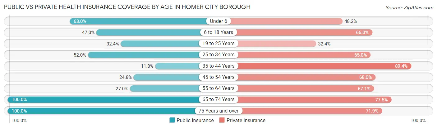 Public vs Private Health Insurance Coverage by Age in Homer City borough