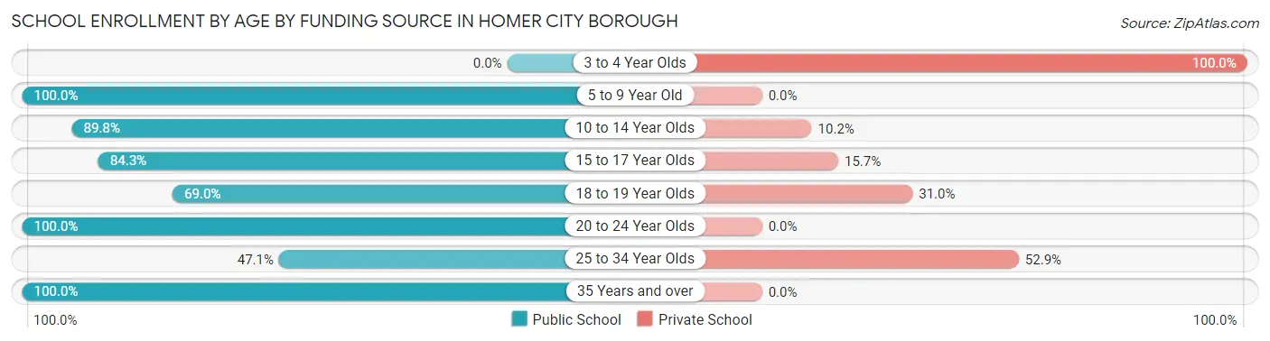 School Enrollment by Age by Funding Source in Homer City borough