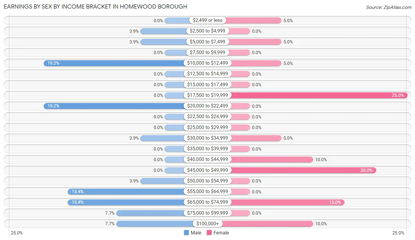 Earnings by Sex by Income Bracket in Homewood borough