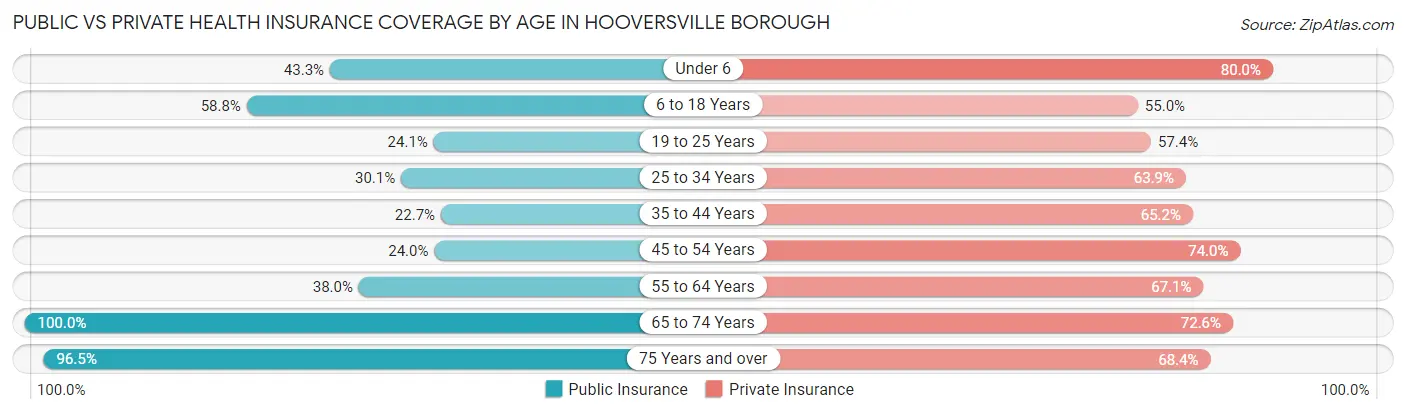 Public vs Private Health Insurance Coverage by Age in Hooversville borough