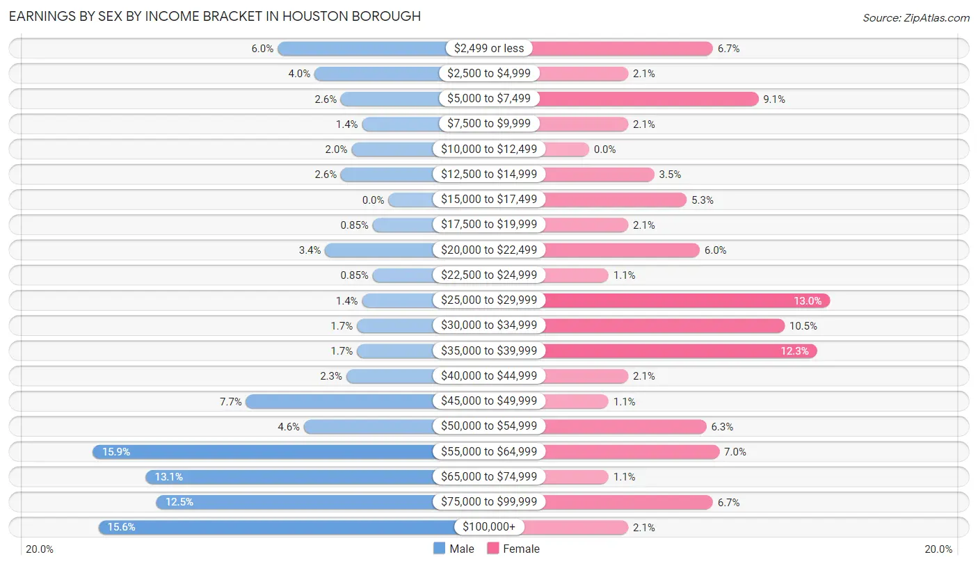 Earnings by Sex by Income Bracket in Houston borough