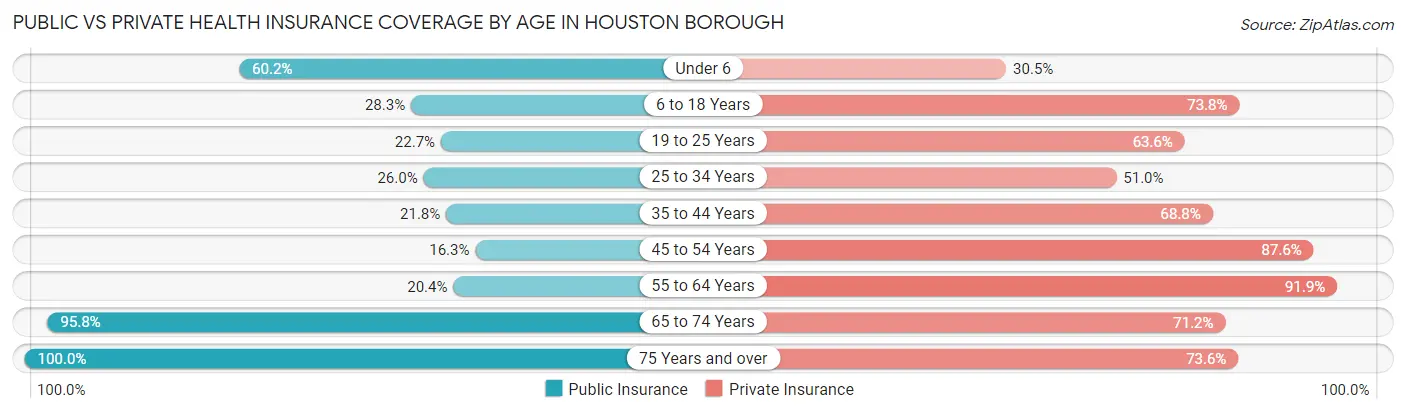 Public vs Private Health Insurance Coverage by Age in Houston borough