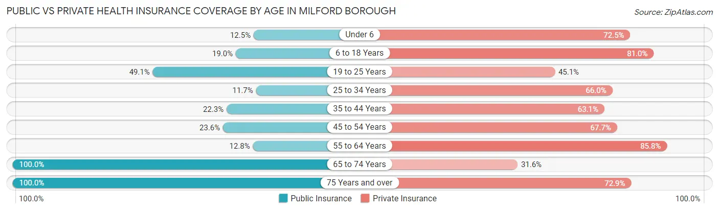 Public vs Private Health Insurance Coverage by Age in Milford borough