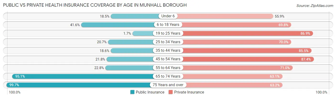 Public vs Private Health Insurance Coverage by Age in Munhall borough