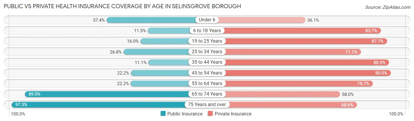 Public vs Private Health Insurance Coverage by Age in Selinsgrove borough