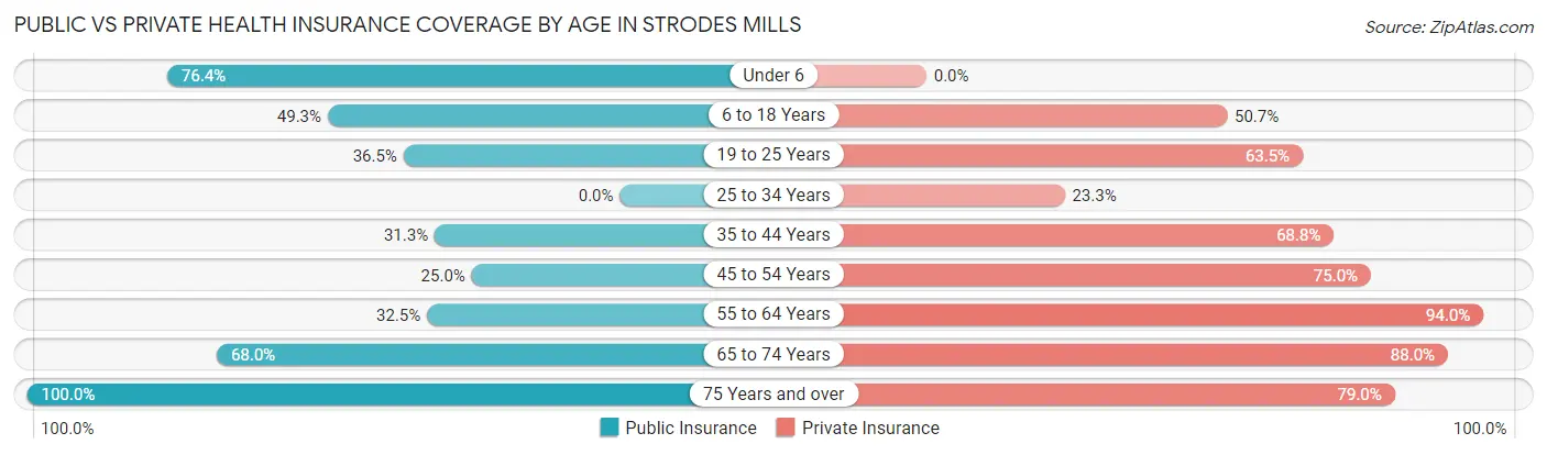 Public vs Private Health Insurance Coverage by Age in Strodes Mills