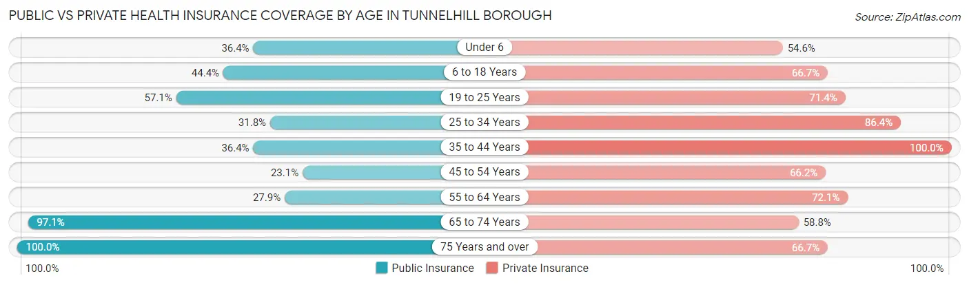 Public vs Private Health Insurance Coverage by Age in Tunnelhill borough