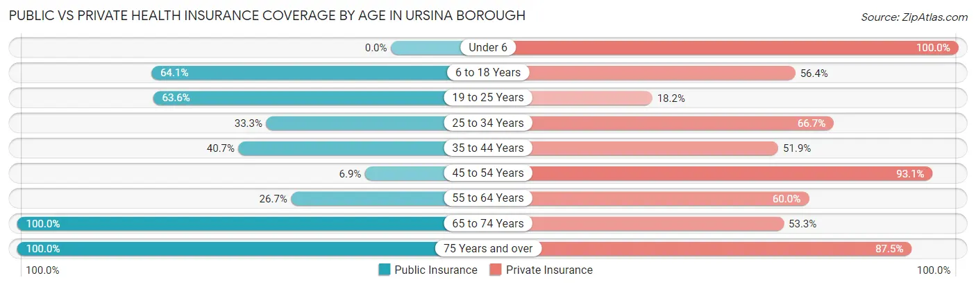 Public vs Private Health Insurance Coverage by Age in Ursina borough