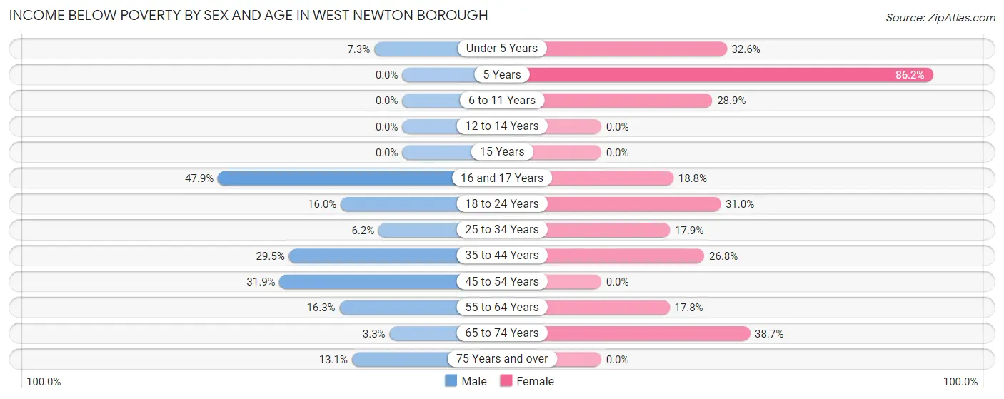 Income Below Poverty by Sex and Age in West Newton borough