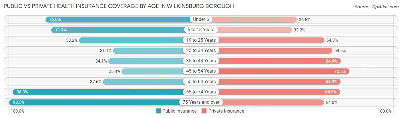 Public vs Private Health Insurance Coverage by Age in Wilkinsburg borough