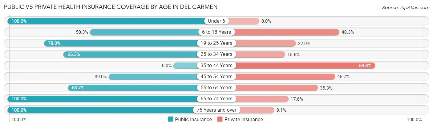 Public vs Private Health Insurance Coverage by Age in Del Carmen
