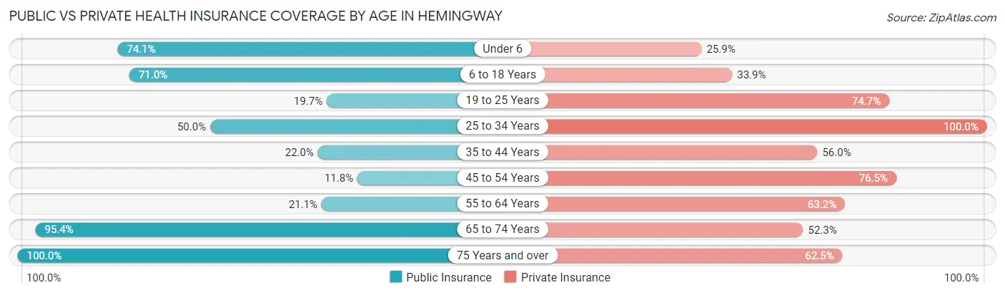 Public vs Private Health Insurance Coverage by Age in Hemingway