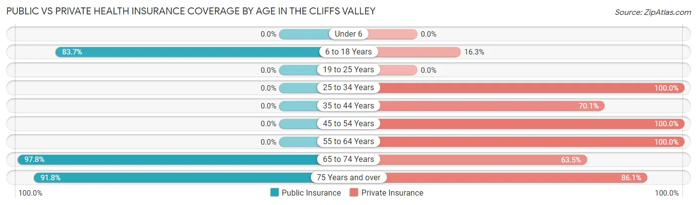 Public vs Private Health Insurance Coverage by Age in The Cliffs Valley