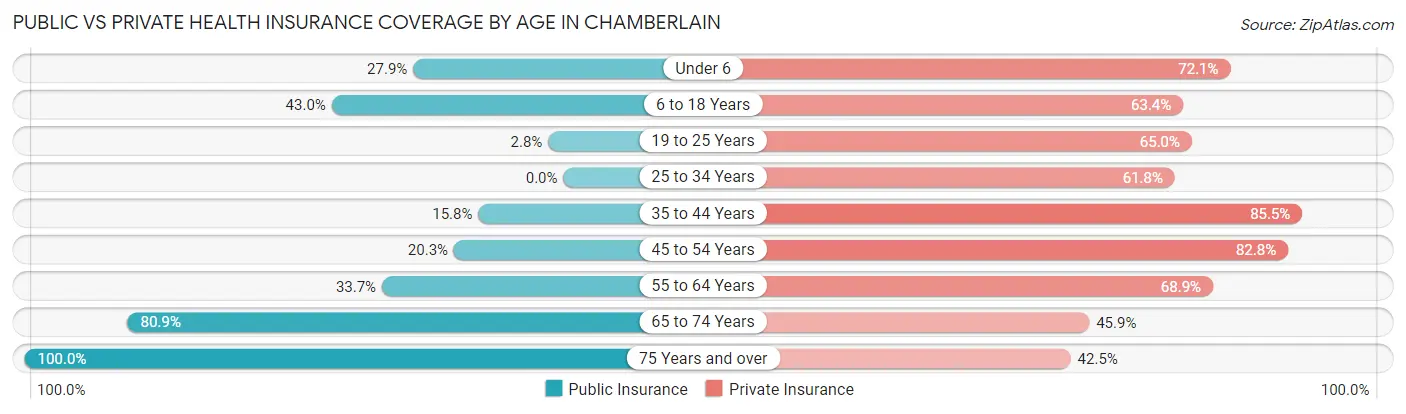 Public vs Private Health Insurance Coverage by Age in Chamberlain