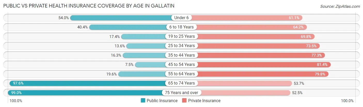 Public vs Private Health Insurance Coverage by Age in Gallatin