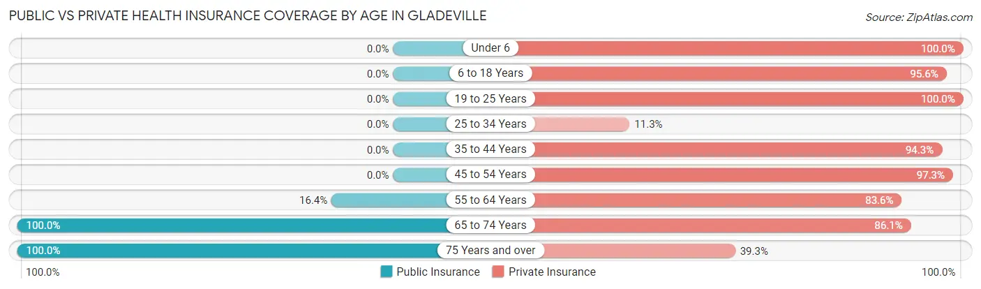 Public vs Private Health Insurance Coverage by Age in Gladeville
