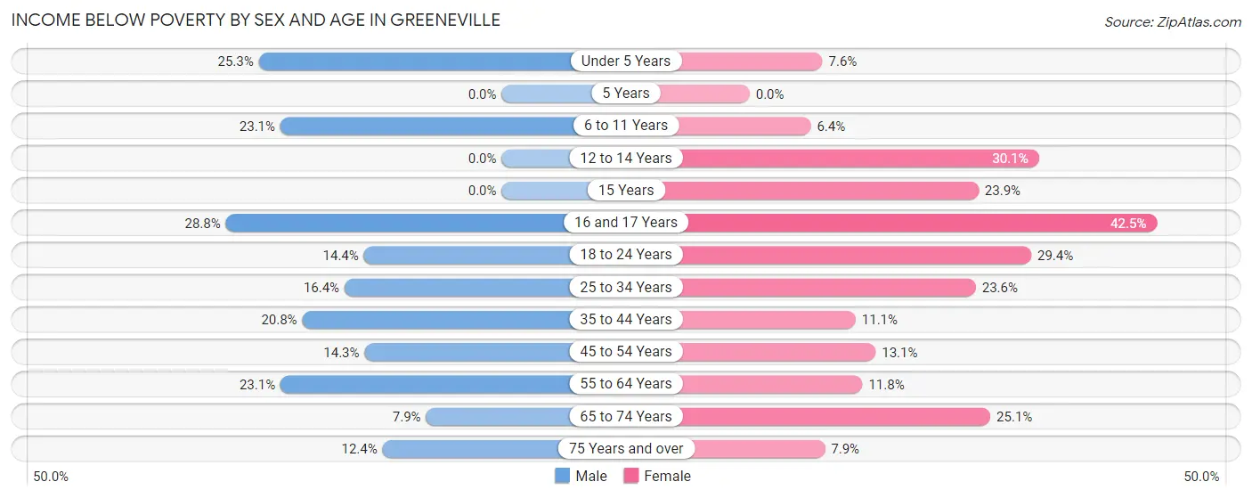 Income Below Poverty by Sex and Age in Greeneville