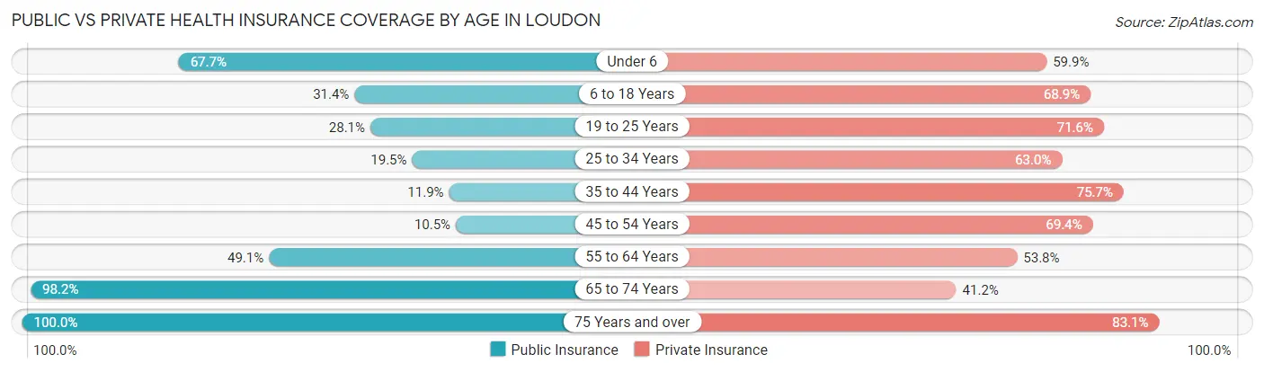 Public vs Private Health Insurance Coverage by Age in Loudon