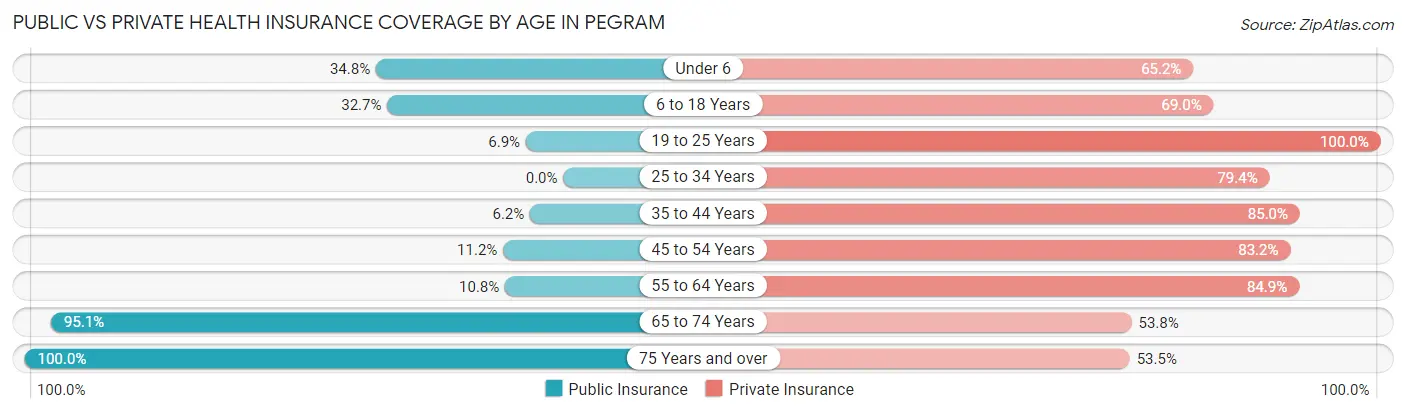 Public vs Private Health Insurance Coverage by Age in Pegram
