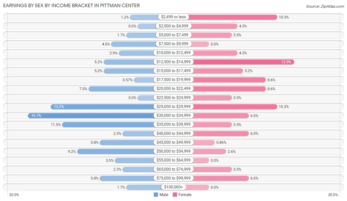 Earnings by Sex by Income Bracket in Pittman Center