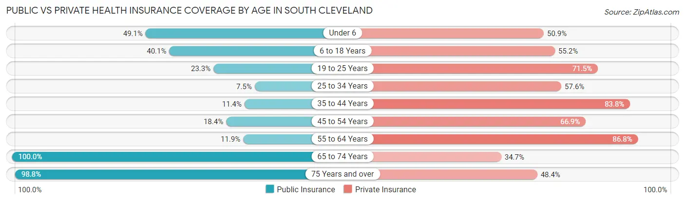 Public vs Private Health Insurance Coverage by Age in South Cleveland