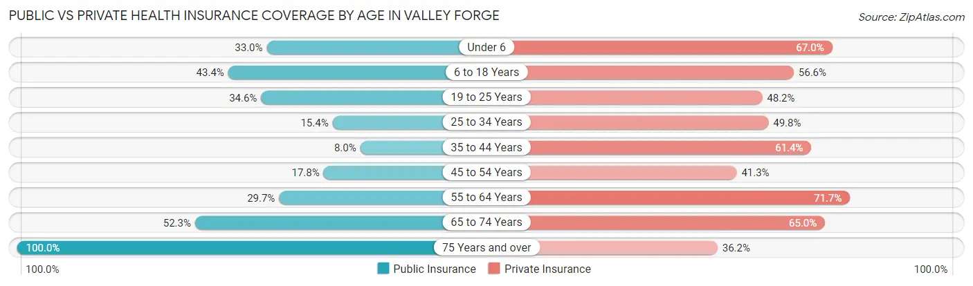 Public vs Private Health Insurance Coverage by Age in Valley Forge