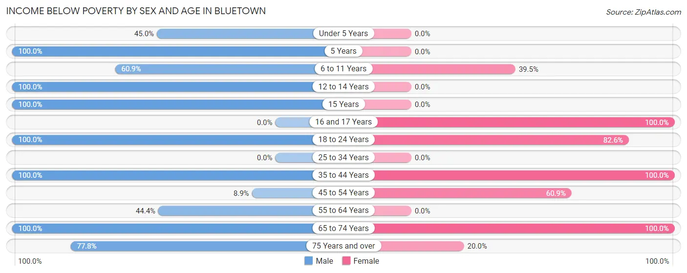 Income Below Poverty by Sex and Age in Bluetown