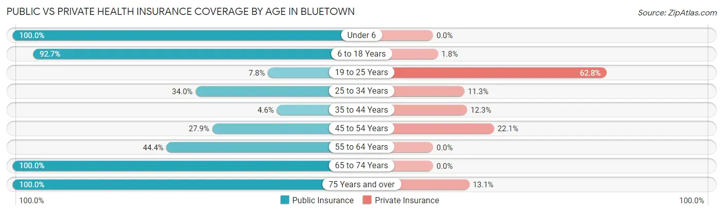 Public vs Private Health Insurance Coverage by Age in Bluetown