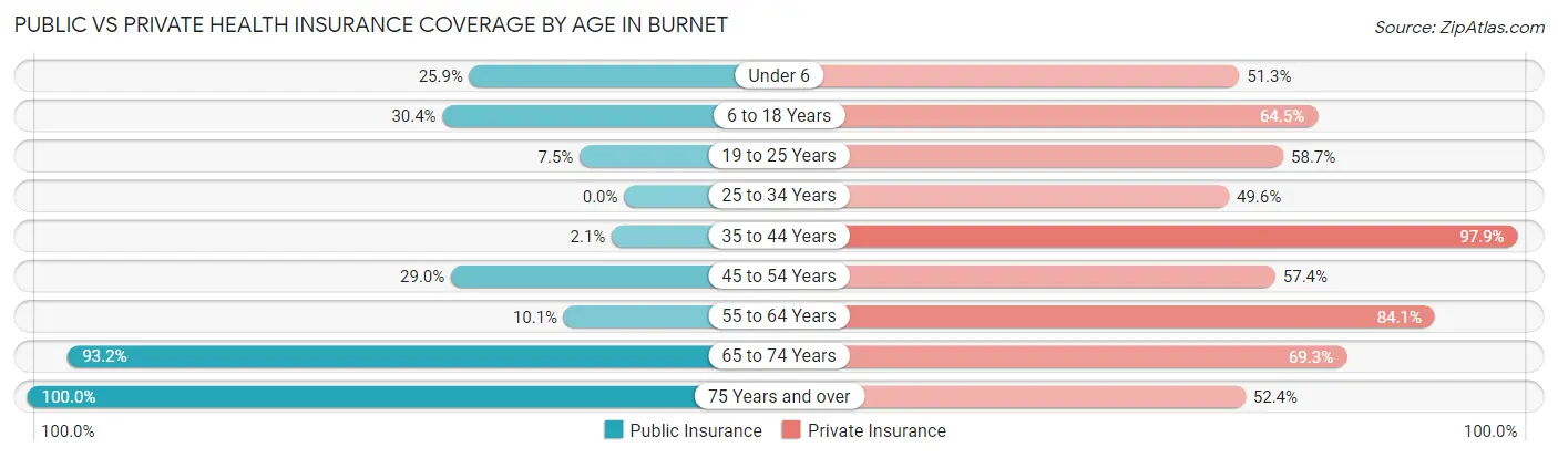 Public vs Private Health Insurance Coverage by Age in Burnet