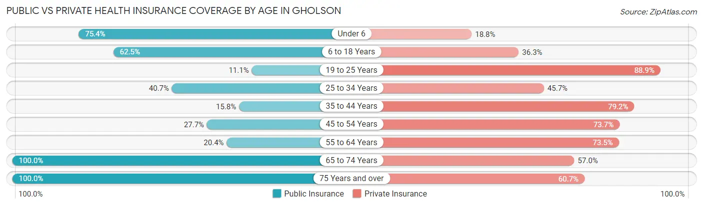 Public vs Private Health Insurance Coverage by Age in Gholson