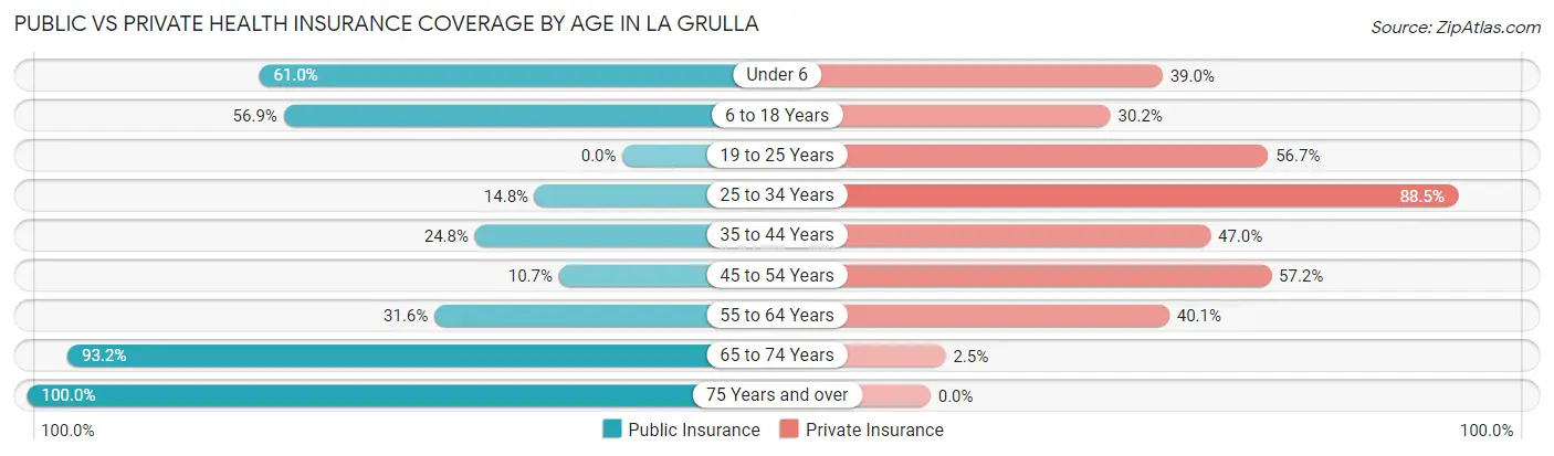 Public vs Private Health Insurance Coverage by Age in La Grulla