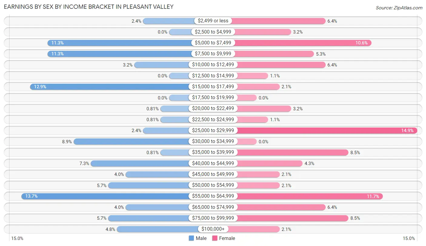 Earnings by Sex by Income Bracket in Pleasant Valley