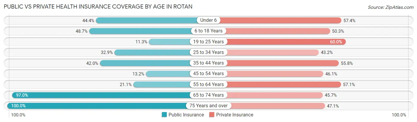 Public vs Private Health Insurance Coverage by Age in Rotan