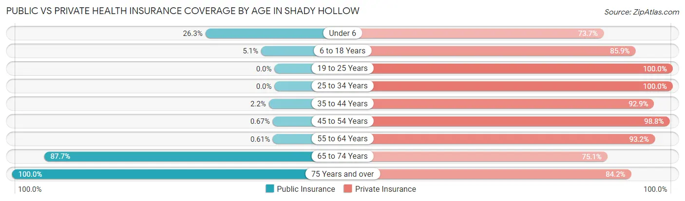 Public vs Private Health Insurance Coverage by Age in Shady Hollow