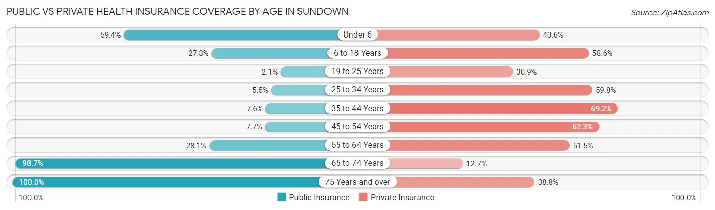 Public vs Private Health Insurance Coverage by Age in Sundown