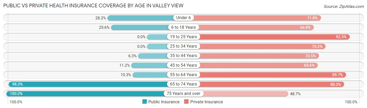 Public vs Private Health Insurance Coverage by Age in Valley View