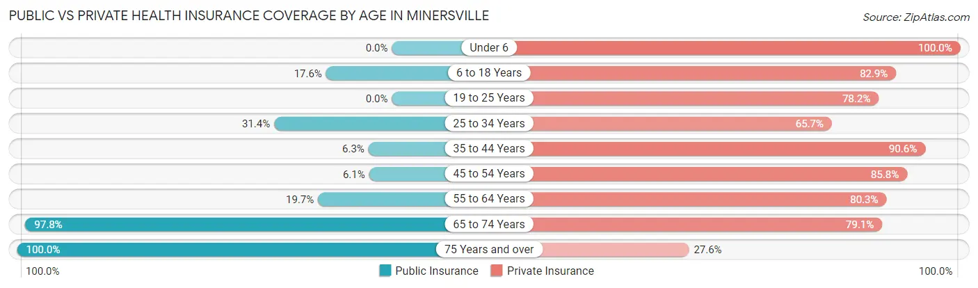 Public vs Private Health Insurance Coverage by Age in Minersville