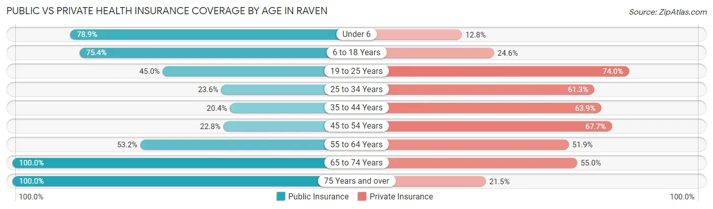 Public vs Private Health Insurance Coverage by Age in Raven